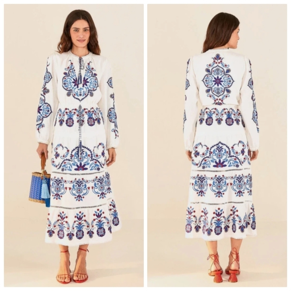 New Farm Rio Embroidered Off White Navy Linen Blend Midi Dress Small NWT